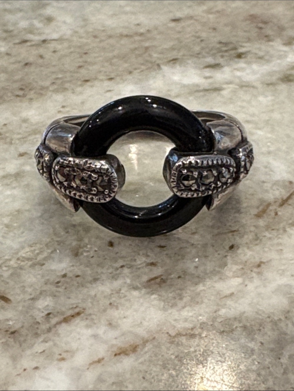 Black Onyx and Marcasite Sterling ring
